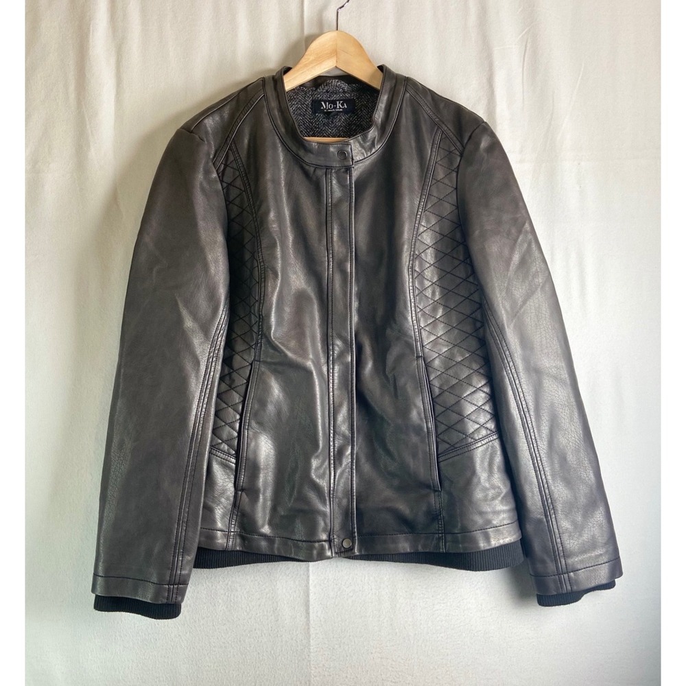 Mo-Ka Santa Fe Apparel Women XL Black Faux Leather Moto Jacket Quilted Knit Trim